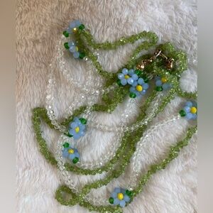 Vintage Bundle‎ of 2 Necklaces Blue Flowers Green 34” Long Necklace